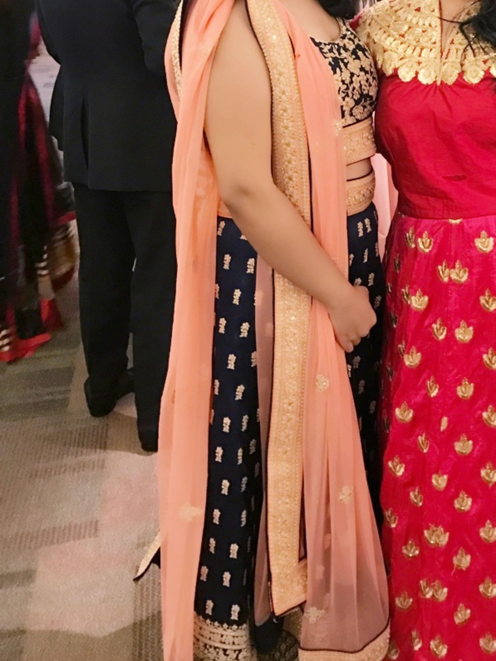 Navy Blue & Peach Embroidered Lehenga Set